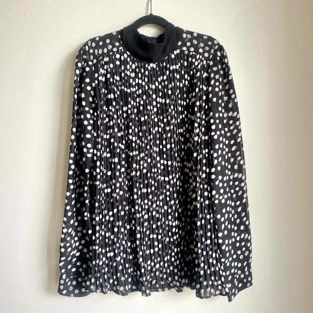 NWOT Zara Black and White Polka Dot Pleated Blouse with High Neck and Bow